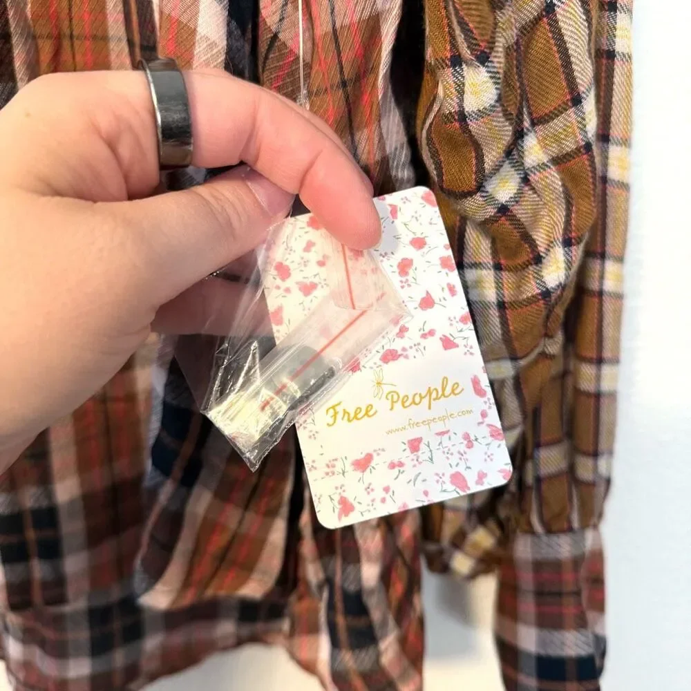 Free People‎ Copper Plaid Long Sleeve Blouse Size Medium NWT